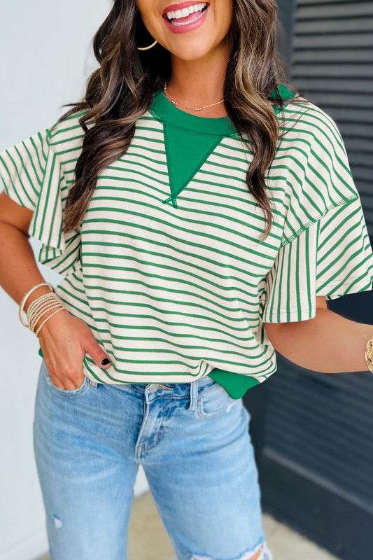 Contrast Detail Striped Ruffle Short Sleeve Top - Shop Style & More | Fresh Looks, Everyday Deals & Free Shipping