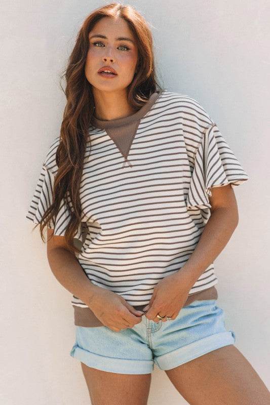 Contrast Detail Striped Ruffle Short Sleeve Top - Shop Style & More | Fresh Looks, Everyday Deals & Free Shipping