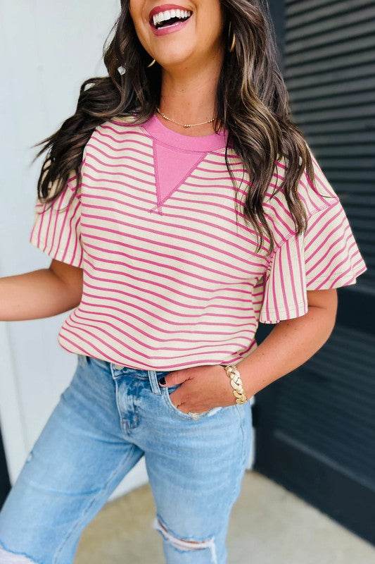Contrast Detail Striped Ruffle Short Sleeve Top - Shop Style & More | Fresh Looks, Everyday Deals & Free Shipping