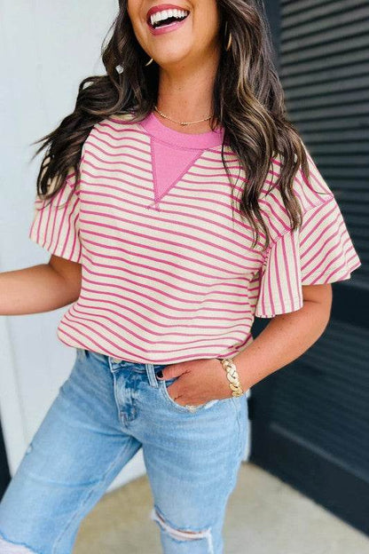 Contrast Detail Striped Ruffle Short Sleeve Top - Shop Style & More | Fresh Looks, Everyday Deals & Free Shipping