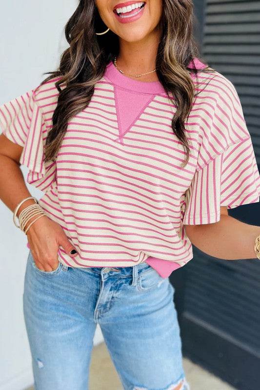 Contrast Detail Striped Ruffle Short Sleeve Top - Shop Style & More | Fresh Looks, Everyday Deals & Free Shipping