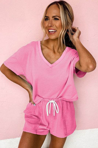 Drop Shoulder Tee Patchwork Drawstring Shorts Set - Shop Style & More | Fresh Looks, Everyday Deals & Free Shipping