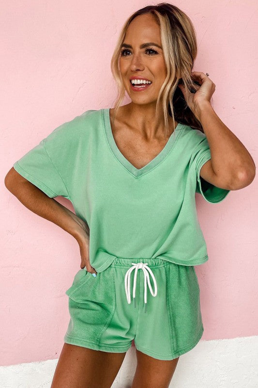 Drop Shoulder Tee Patchwork Drawstring Shorts Set Women's Sleepwear