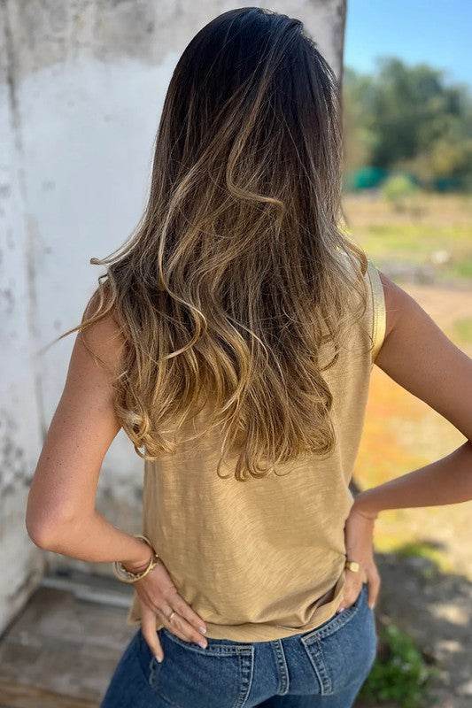 Tan Metallic Sheen Edge Scoop Neck Tank Top - Shop Style & More | Fresh Looks, Everyday Deals & Free Shipping
