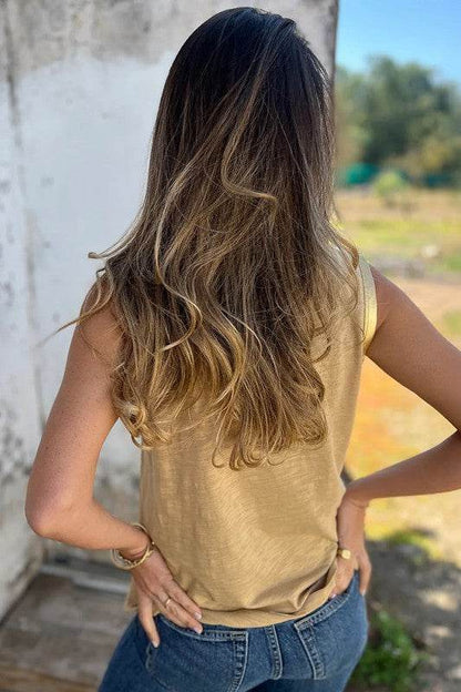 Tan Metallic Sheen Edge Scoop Neck Tank Top - Shop Style & More | Fresh Looks, Everyday Deals & Free Shipping