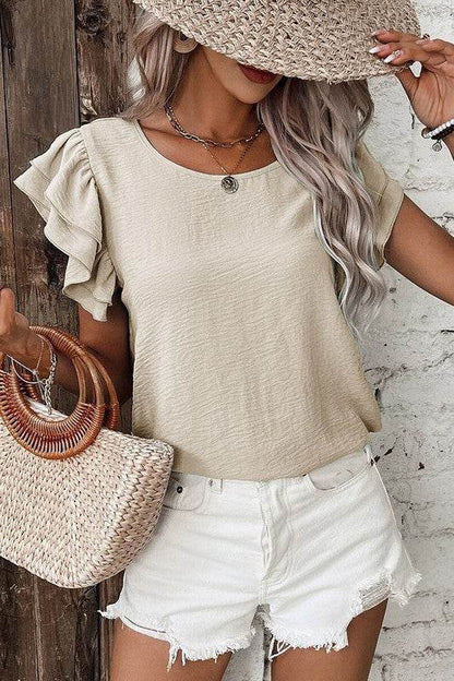 Solid Color Ruffled Short Sleeve Casual Blouse - Shop Style & More | Fresh Looks, Everyday Deals & Free Shipping