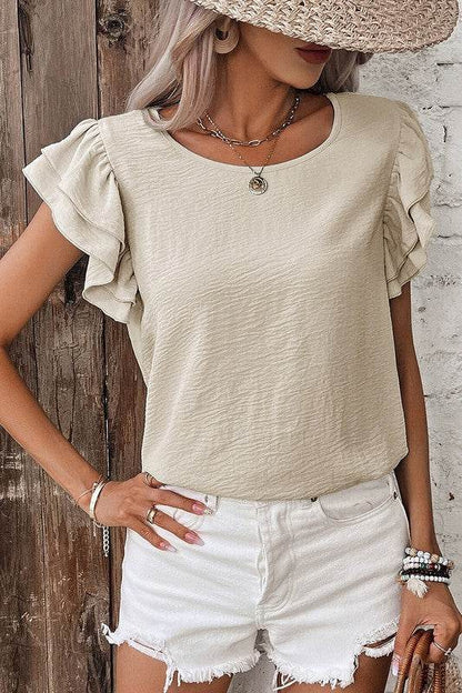 Solid Color Ruffled Short Sleeve Casual Blouse - Shop Style & More | Fresh Looks, Everyday Deals & Free Shipping