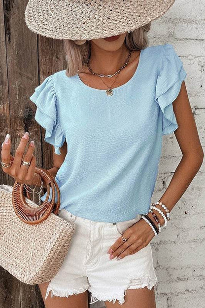 Solid Color Ruffled Short Sleeve Casual Blouse - Shop Style & More | Fresh Looks, Everyday Deals & Free Shipping