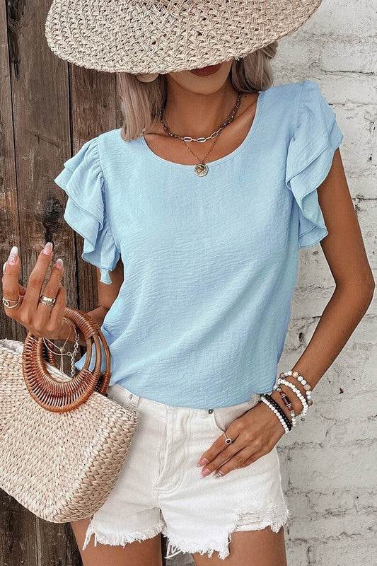 Solid Color Ruffled Short Sleeve Casual Blouse - Shop Style & More | Fresh Looks, Everyday Deals & Free Shipping