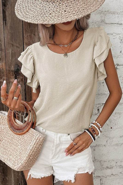 Solid Color Ruffled Short Sleeve Casual Blouse - Shop Style & More | Fresh Looks, Everyday Deals & Free Shipping