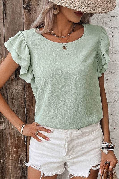 Solid Color Ruffled Short Sleeve Casual Blouse - Shop Style & More | Fresh Looks, Everyday Deals & Free Shipping