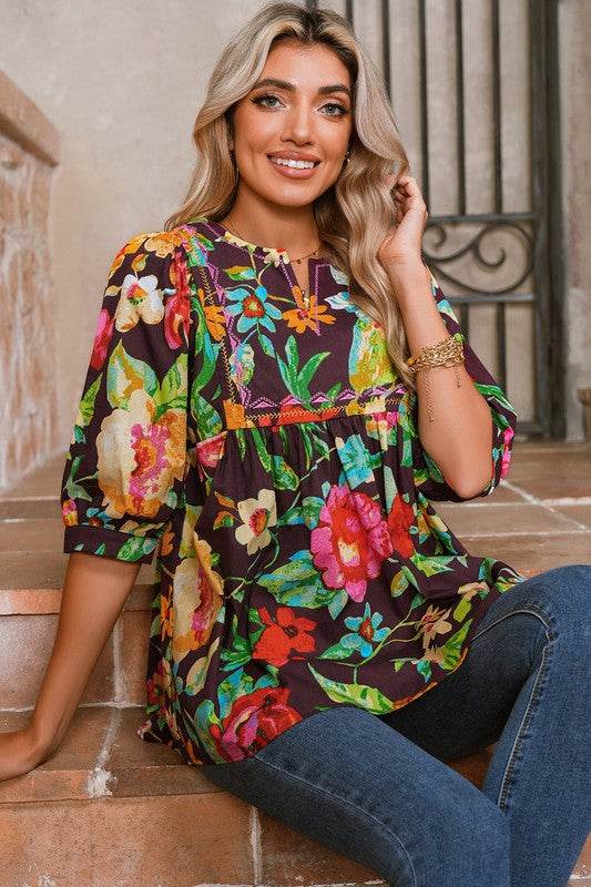 Gray Flower Embroidered Trim Half Sleeve Blouse - Shop Style & More | Fresh Looks, Everyday Deals & Free Shipping