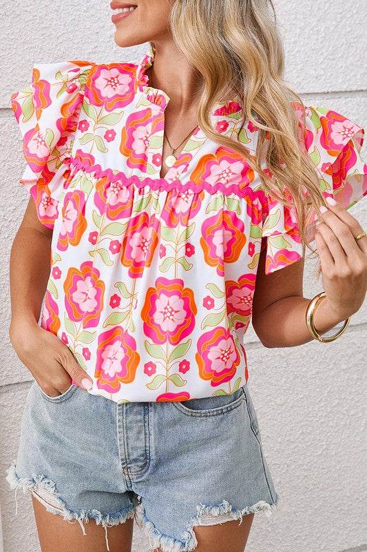 Rose Boho Floral Print Ricrac Ruffle Sleeve Blouse - Shop Style & More | Fresh Looks, Everyday Deals & Free Shipping