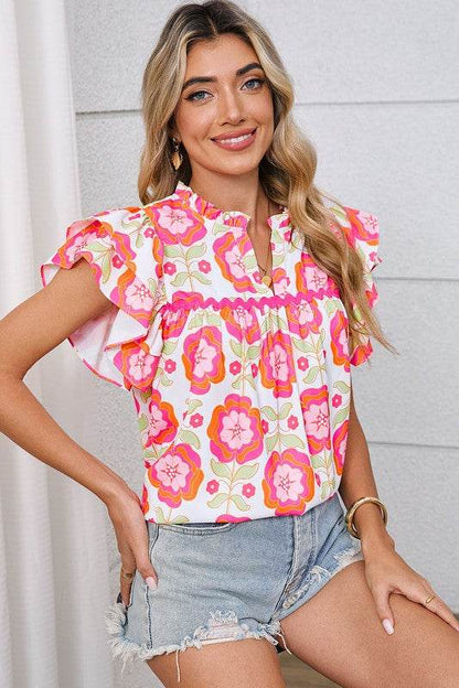 Rose Boho Floral Print Ricrac Ruffle Sleeve Blouse - Shop Style & More | Fresh Looks, Everyday Deals & Free Shipping