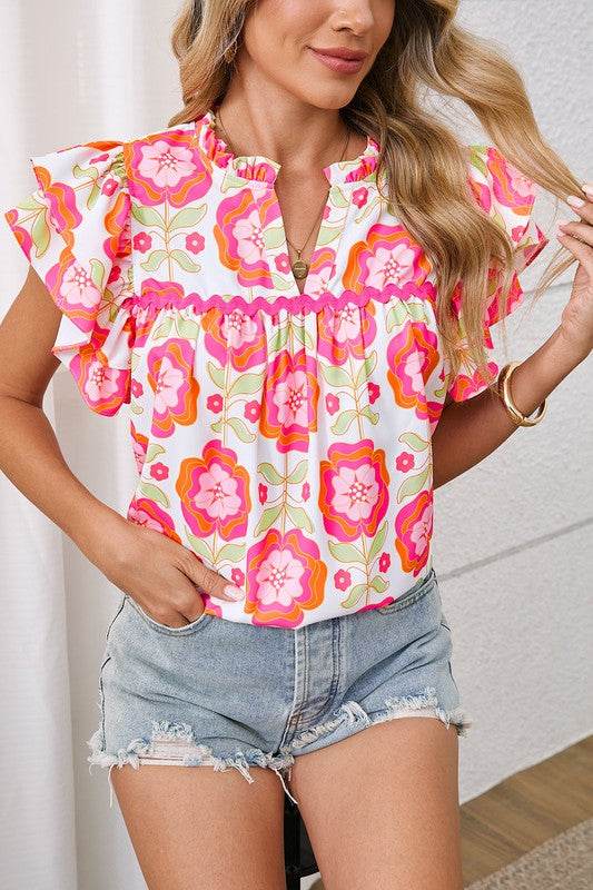 Rose Boho Floral Print Ricrac Ruffle Sleeve Blouse - Shop Style & More | Fresh Looks, Everyday Deals & Free Shipping