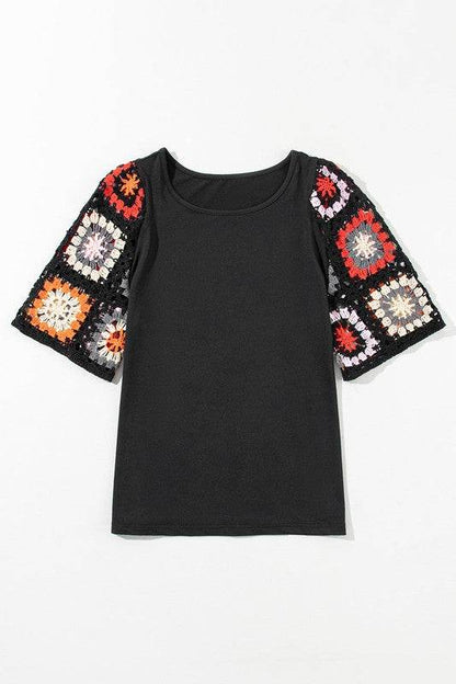 Black Floral Hollowed Crochet Sleeve Boho T Shirt - Shop Style & More | Fresh Looks, Everyday Deals & Free Shipping