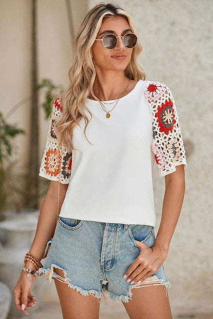 Black Floral Hollowed Crochet Sleeve Boho T Shirt - Shop Style & More | Fresh Looks, Everyday Deals & Free Shipping