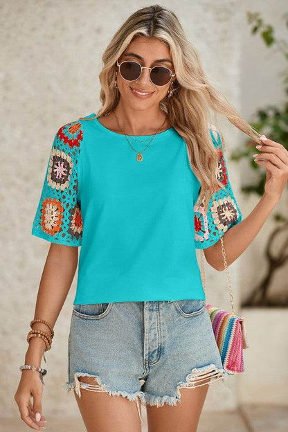 Black Floral Hollowed Crochet Sleeve Boho T Shirt - Shop Style & More | Fresh Looks, Everyday Deals & Free Shipping