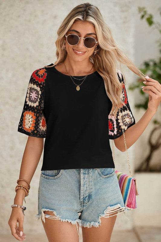 Black Floral Hollowed Crochet Sleeve Boho T Shirt - Shop Style & More | Fresh Looks, Everyday Deals & Free Shipping