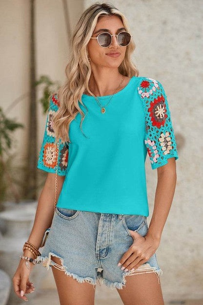 Black Floral Hollowed Crochet Sleeve Boho T Shirt - Shop Style & More | Fresh Looks, Everyday Deals & Free Shipping