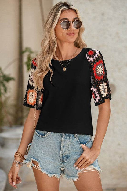 Black Floral Hollowed Crochet Sleeve Boho T Shirt - Shop Style & More | Fresh Looks, Everyday Deals & Free Shipping