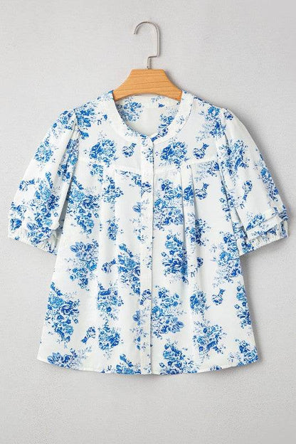 Sky Blue Floral Print Puff Sleeve Pleated Shirt - Shop Style & More | Fresh Looks, Everyday Deals & Free Shipping