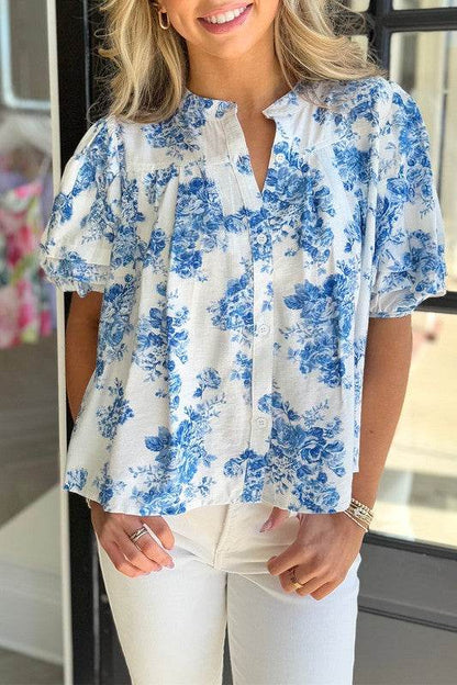 Sky Blue Floral Print Puff Sleeve Pleated Shirt - Shop Style & More | Fresh Looks, Everyday Deals & Free Shipping