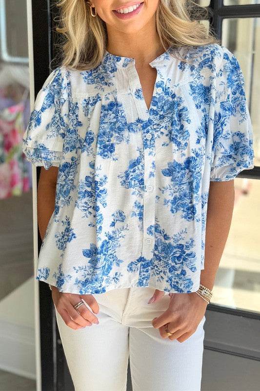 Sky Blue Floral Print Puff Sleeve Pleated Shirt - Shop Style & More | Fresh Looks, Everyday Deals & Free Shipping