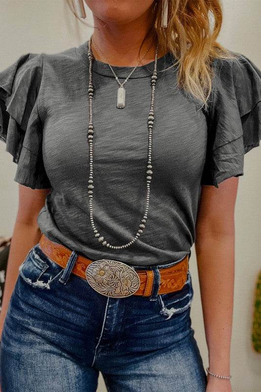 Dark Grey Ruffle Sleeve Plain Blouse - Shop Style & More | Fresh Looks, Everyday Deals & Free Shipping