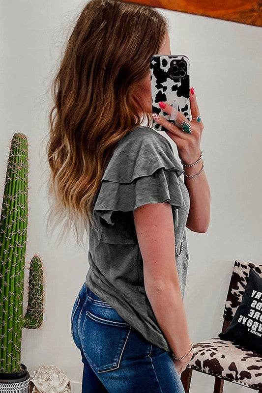Dark Grey Ruffle Sleeve Plain Blouse - Shop Style & More | Fresh Looks, Everyday Deals & Free Shipping