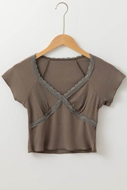 Lace Splicing Criss Cross Slim Fit V Neck T Shirt - Shop Style & More | Fresh Looks, Everyday Deals & Free Shipping