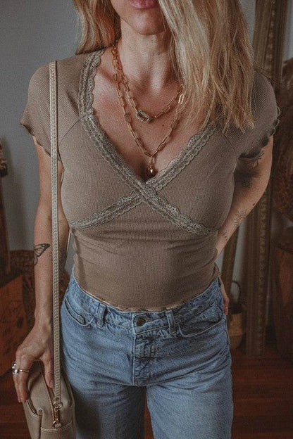 Lace Splicing Criss Cross Slim Fit V Neck T Shirt - Shop Style & More | Fresh Looks, Everyday Deals & Free Shipping
