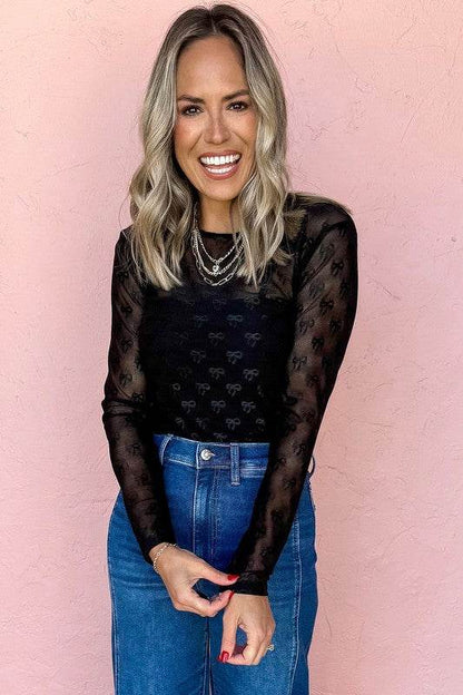 Black Mesh Bow Pattern Long Sleeve Top - Shop Style & More | Fresh Looks, Everyday Deals & Free Shipping