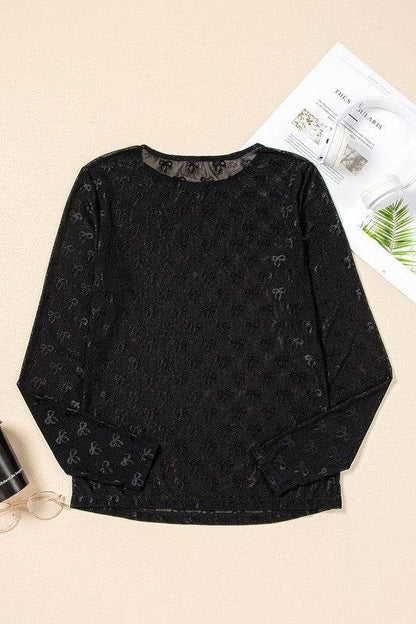 Black Mesh Bow Pattern Long Sleeve Top - Shop Style & More | Fresh Looks, Everyday Deals & Free Shipping