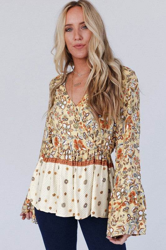Floral V Neck Wrapped Contrast Peplum Blouse - Shop Style & More | Fresh Looks, Everyday Deals & Free Shipping