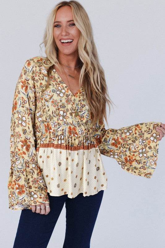 Floral V Neck Wrapped Contrast Peplum Blouse - Shop Style & More | Fresh Looks, Everyday Deals & Free Shipping