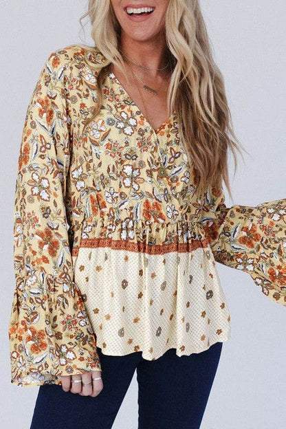 Floral V Neck Wrapped Contrast Peplum Blouse - Shop Style & More | Fresh Looks, Everyday Deals & Free Shipping