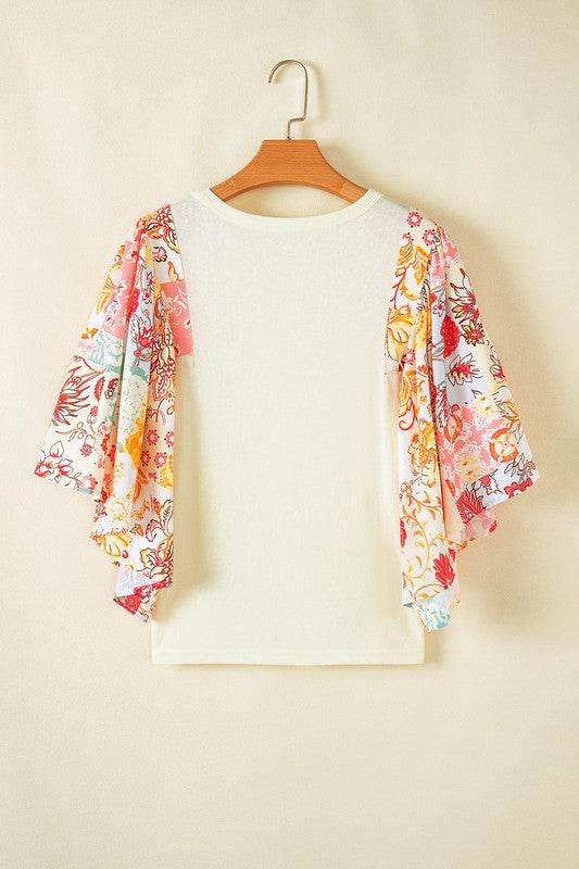 Cotton Beige Floral Patchwork Batwing Blouse - Shop Style & More | Fresh Looks, Everyday Deals & Free Shipping