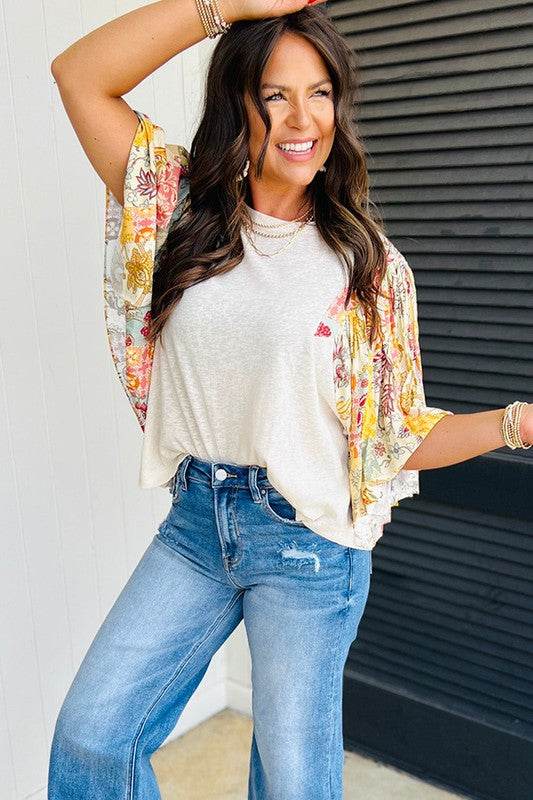 Cotton Beige Floral Patchwork Batwing Blouse - Shop Style & More | Fresh Looks, Everyday Deals & Free Shipping