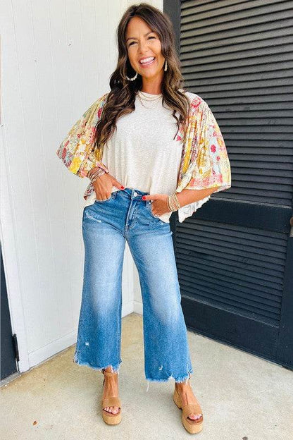 Cotton Beige Floral Patchwork Batwing Blouse - Shop Style & More | Fresh Looks, Everyday Deals & Free Shipping