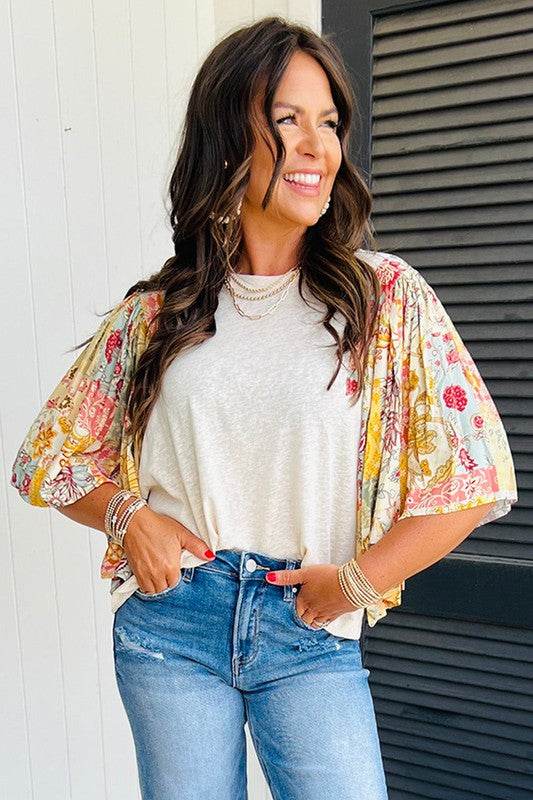 Cotton Beige Floral Patchwork Batwing Blouse - Shop Style & More | Fresh Looks, Everyday Deals & Free Shipping