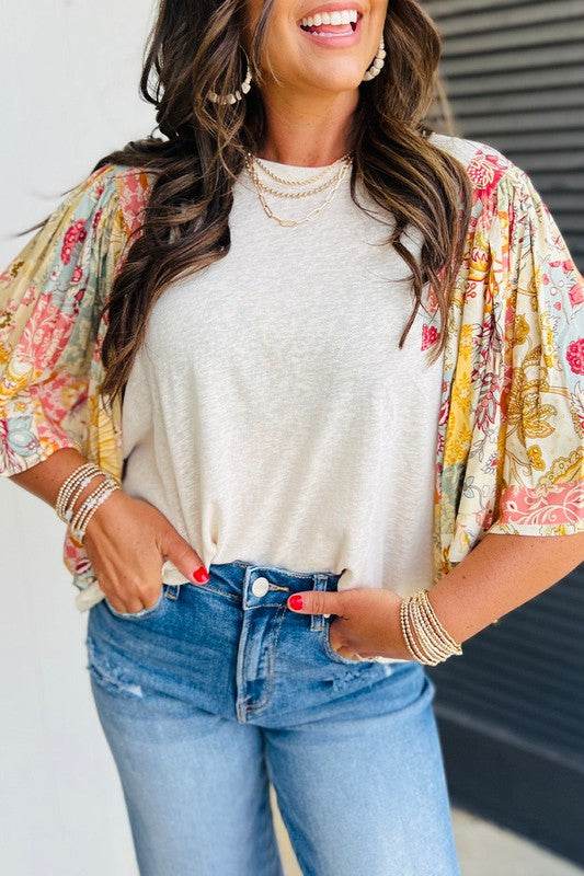Cotton Beige Floral Patchwork Batwing Blouse - Shop Style & More | Fresh Looks, Everyday Deals & Free Shipping