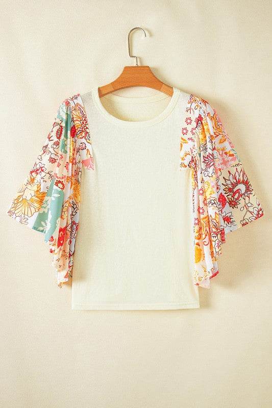 Cotton Beige Floral Patchwork Batwing Blouse - Shop Style & More | Fresh Looks, Everyday Deals & Free Shipping