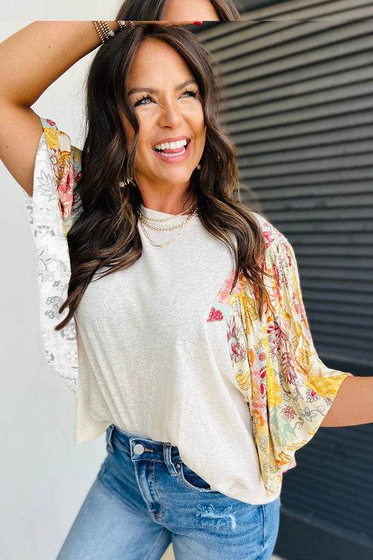 Cotton Beige Floral Patchwork Batwing Blouse - Shop Style & More | Fresh Looks, Everyday Deals & Free Shipping