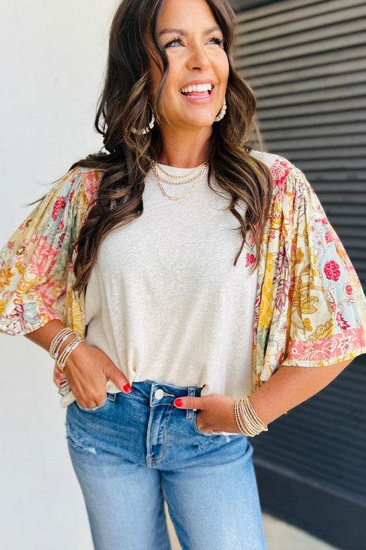 Cotton Beige Floral Patchwork Batwing Blouse - Shop Style & More | Fresh Looks, Everyday Deals & Free Shipping