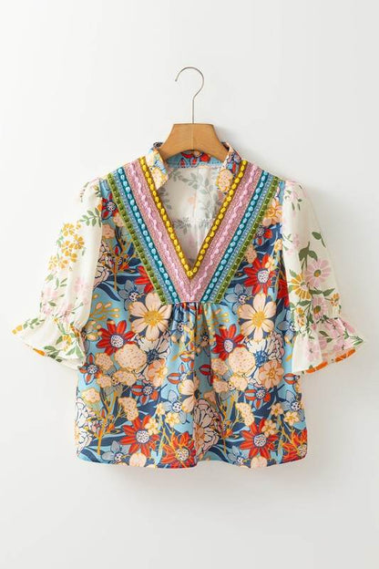 Multicolour V Neck Half Sleeve Boho Floral Blouse - Shop Style & More | Fresh Looks, Everyday Deals & Free Shipping