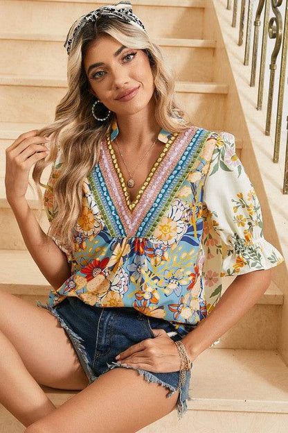 Multicolour V Neck Half Sleeve Boho Floral Blouse - Shop Style & More | Fresh Looks, Everyday Deals & Free Shipping