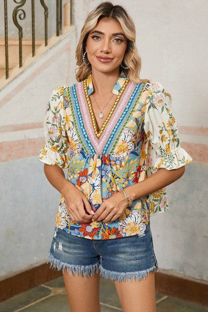 Multicolour V Neck Half Sleeve Boho Floral Blouse - Shop Style & More | Fresh Looks, Everyday Deals & Free Shipping