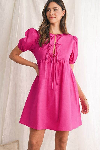 Bright Pink Tie Front Puff Sleeve Mini Dress - Shop Style & More | Fresh Looks, Everyday Deals & Free Shipping