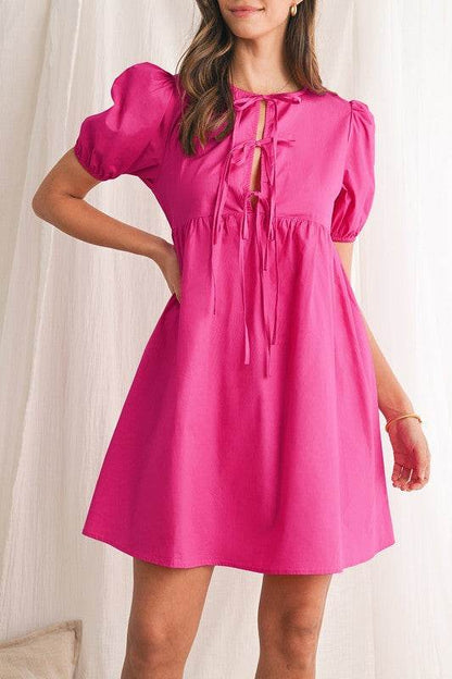 Bright Pink Tie Front Puff Sleeve Mini Dress - Shop Style & More | Fresh Looks, Everyday Deals & Free Shipping